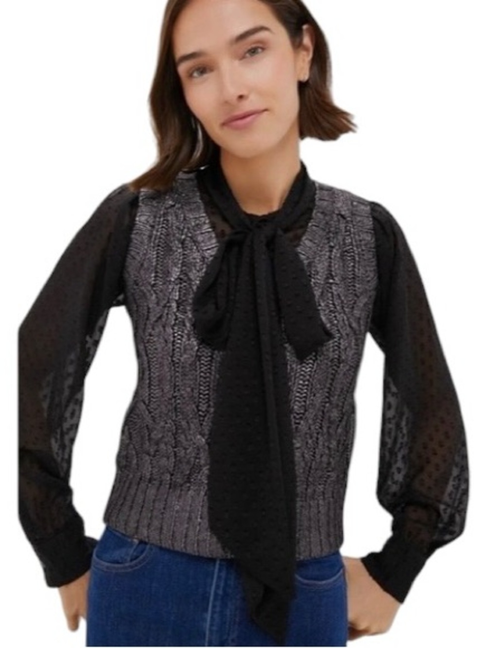 TUCKERNUCK: NWT Black Foil Cable Knit Ellington Sweater Tie Blouse - Small